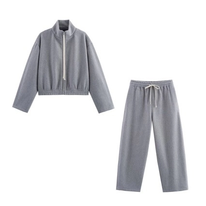 Women Zipper Jacket And Wide Leg Pants Casual Streetwear Stand Collar Cropped Coat Solid Color Knitted Tracksuit
