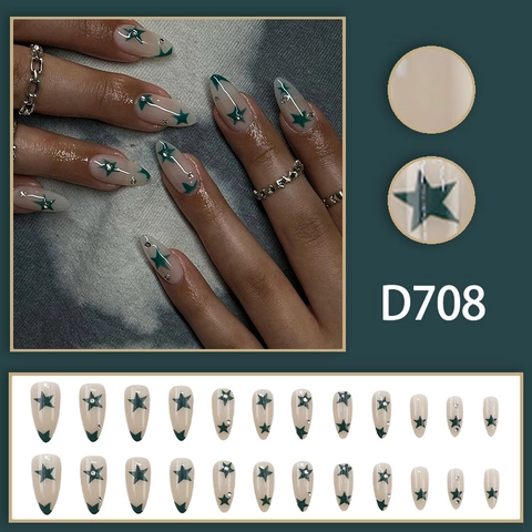Uñas Postizas Con Diseño De Estrellas Forma Almendra Acentos De Diamantes De Imitación Color Verde Estilo Ins Elegantes Y2K