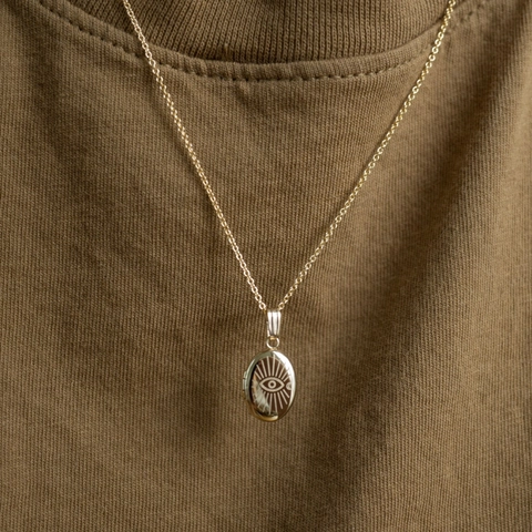 Collana Medaglione Ovale Retro Rame Placcato Oro 14K Pendente Foto Apribile Sole Luna Malocchio Gioielleria