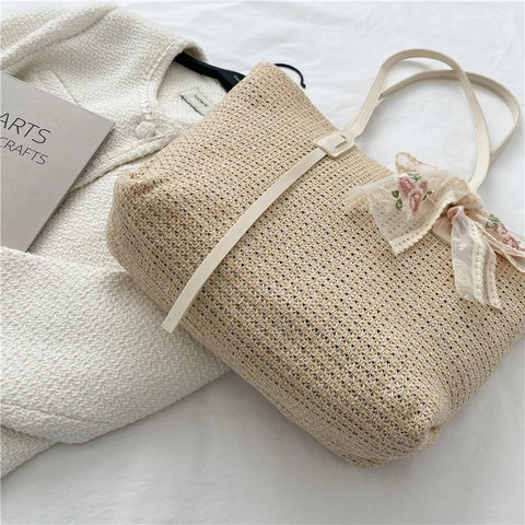 Stroh Gewebte Tragetasche Blumenstickerei Spitze Schleife Sommer Strand Urlaub Schulterhandtasche Für Frauen