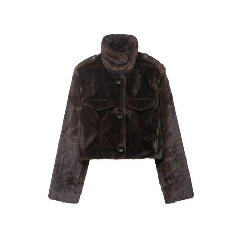 Women Faux Fur Jacket Stand Collar Winter Coat With Pockets Solid Brown Warm Short Outerwear Elegant Soft Luxurious