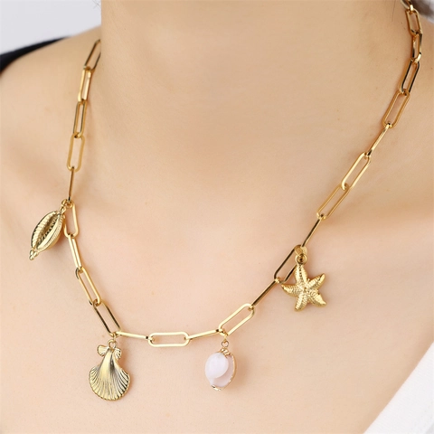 Collar con Colgante de Acero Inoxidable Estilo Oceánico para Mujer Estrella de Mar Concha Dorada Perla Artificial Joyería Regalo
