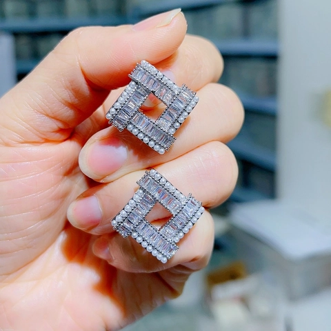 Geometrische Vierkante Oorknopjes Messing Met Baguette Zirkonia Kunstparel En 925 Sterling Zilveren Oorknopjes Vintage