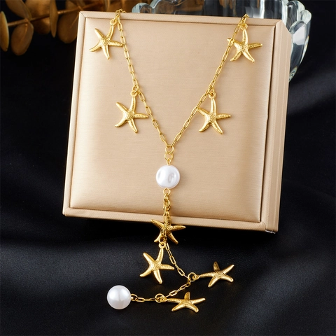 Seestern Kunstperle Y-Förmige Drop Halskette Edelstahl Vergoldet Trendy Sommer Strand Schmuck Für Damen