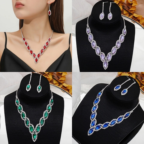 Set Gioielli Sposa Lusso Lega Cristallo Strass Taglio Marquise Collana a V Orecchini Pendenti Donna Matrimonio Banchetto Accessori