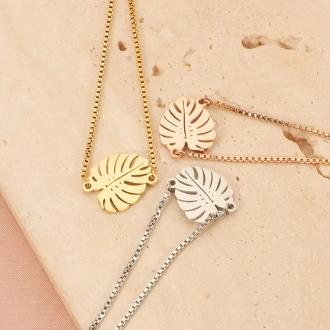 Pulsera Con Colgante De Hoja De Monstera Acero Inoxidable 304 Cadena De Caja Ajustable Joyería Elegante Para Mujer