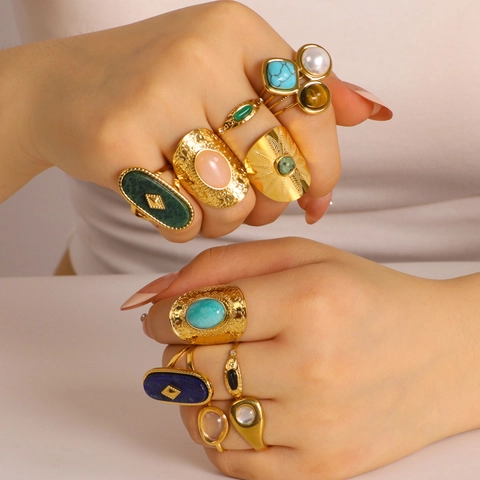 Vintage Natural Stone Ring Stainless Steel Adjustable Open Band Turquoise Tiger Eye Artificial Pearl Jewelry For Women