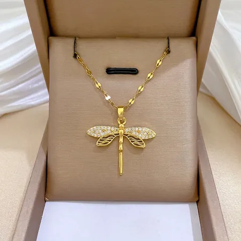 Collana Con Pendente Libellula Placcata Oro Acciaio Inossidabile Rame Zirconia Gioielli Clavicola Donna