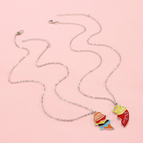 Alloy Enamel Heart Split Necklace Hamburger French Fries Pendant Rainbow BFF Best Friends Jewelry For Women Girls