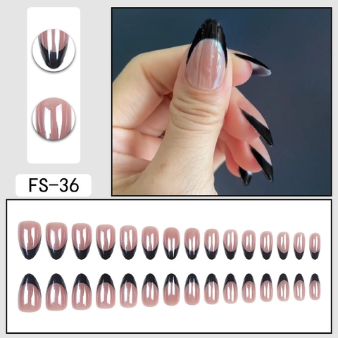 Uñas Postizas French Tip Press On Nails Almendra Larga Negro Nude Brillante Uñas Postizas Desmontables Mujer Belleza