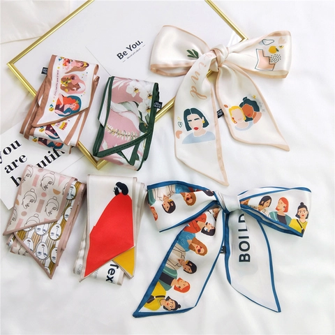 Sciarpa Sottile In Raso Di Raso Donna Ritratto Artistico Stampa Floreale Nastro Per Capelli Foulard Da Collo Accessorio Per Borsa Stile Francese