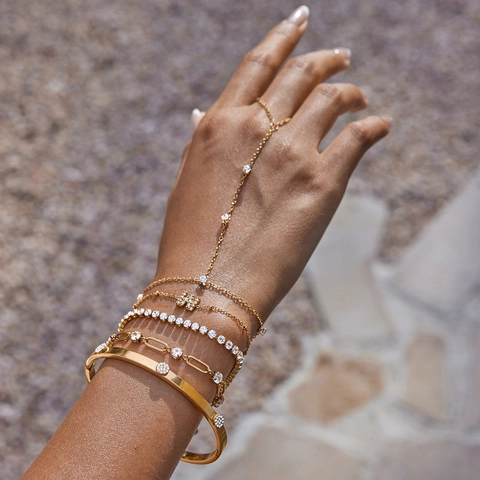Pulsera De Cadena De Mano De Acero Inoxidable Para Mujer Chapada En Oro Circonita Cúbica Clip Tenis Inicial Impermeable