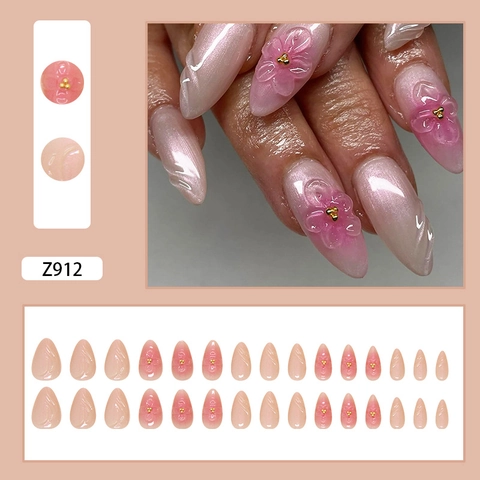 Press On Nails 3D Peach Blossom Pink Gradient Glossy Long Almond Fake Nails Women Sweet Floral Art Manicure