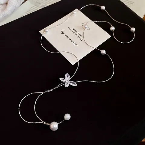 Collana Di Künstliche Perle Farfalla Rame Zircone Forma A Y Nappa Lunga Elegante Stile Coreano Gioielli Di Moda Per Donna Tono Argento