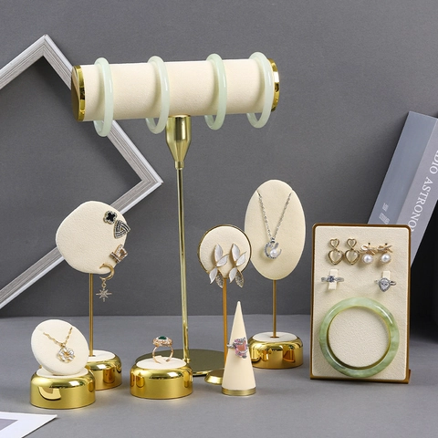 Jewelry Display Stand Necklace Bust Ring Holder Earring Organizer Metal Beige Microfiber Elegant Store Counter Showcase