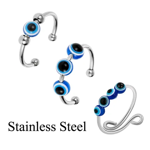 Edelstahl Evil Eye Angst Ring Mit Drehbaren Harzperlen Stressabbau Verstellbares Offenes Band Modeschmuck