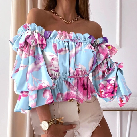 Off Shoulder Blouse Dames Ruches Lange Mouwen Slanke Pasvorm Elastische Taille Bedrukte Chiffon Mode Top