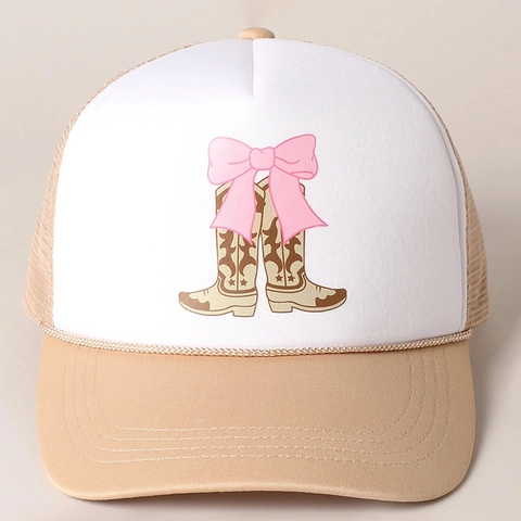 Women Trucker Hat Mesh Breathable Curved Brim Western Cowboy Boots Pink Bow Print Adjustable Sun Protection Outdoor Cap