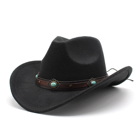 Chapeau De Cow-Boy Western Polyester Feutre De Laine Vintage Ethnique Similicuir Bande Turquoise Fedora Jazz Soleil