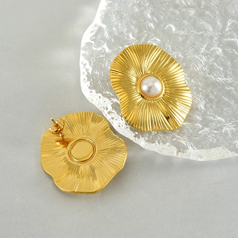 Vintage Lotusblatt Künstliche Perle Ohrstecker Vergoldeter Edelstahl Radiale Textur Französischer Stil Eleganter Schmuck Für Damen