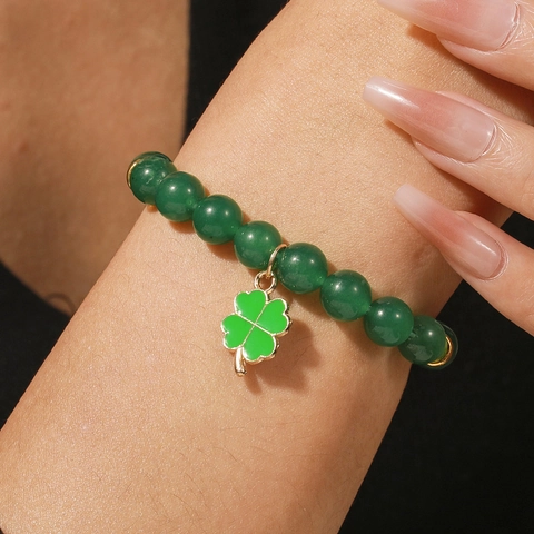 Pulsera De Trébol De Cuatro Hojas Corazón Cuentas De Vidrio Verde Cuerda Trenzada Ajustable Joyería San Patricio