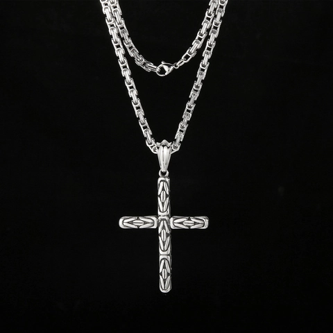 Stainless Steel Cross Pendant Necklace With Heavy Byzantine Chain Retro Gothic Hip Hop Style Jewelry Accessory For Men