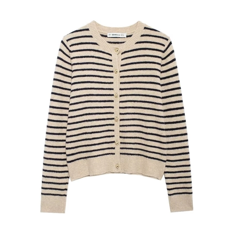 Cárdigan De Punto A Rayas Para Mujer Cuello Redondo Botones Dorados Manga Larga Poliéster Casual Ropa Exterior