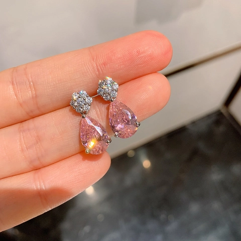 Pendientes Colgantes De Cobre Rosa Circonita Cúbica Forma Pera Acento Flor Joyería Elegante Estilo Francés Para Mujeres