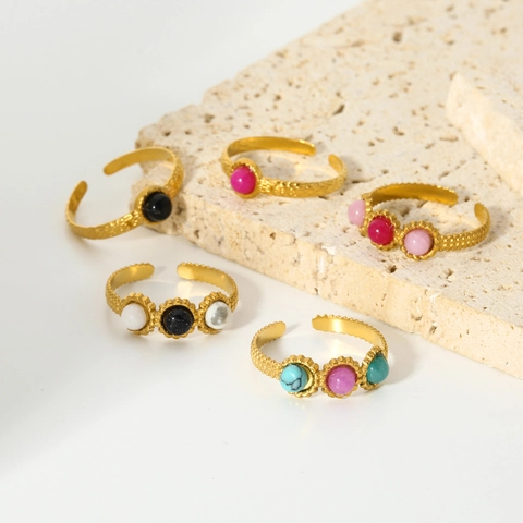 Vintage Stainless Steel Open Ring Natural Stone Colorful Adjustable Hammered Texture Bohemian Jewelry For Women