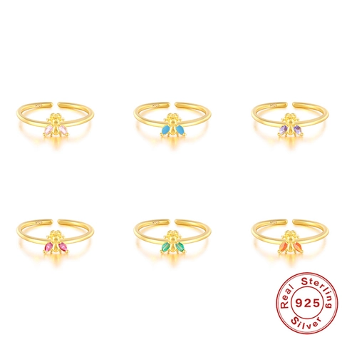 Anillo Abierto de Abeja de Plata de Ley S925 para Mujer Ajustable Bañado en Oro Circonia Insecto Joyería Minimalista