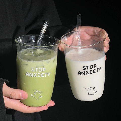 High Borosilicate Glass Cup Heat Resistant Stop Anxiety Print Cartoon Dog Cat Flared Rim Minimalist Aesthetic Water Drinkware