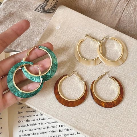 Retro Bohemian Geometric Hoop Earrings With 925 Sterling Silver Earring Post Acrylic Resin Hollow Round Jewelry Women
