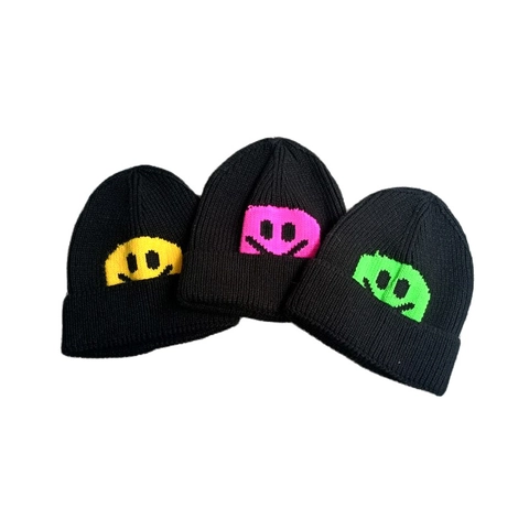 Bonnet En Tricot Acrylique Hiver Chaud Motif Visage Souriant Pixel Streetwear Bonnet Thermique Unisexe