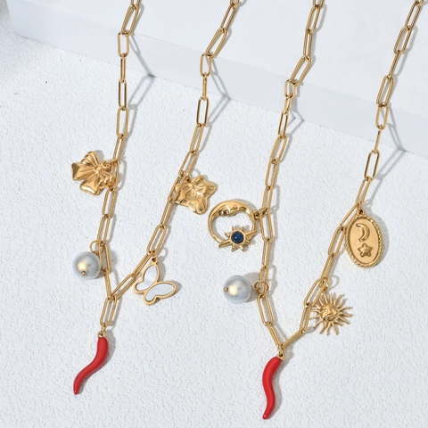 Collar De Cadena De Clip De Acero Inoxidable Con Colgantes De Mariposa Estrella Luna Chile Rojo Joyas Para Mujer