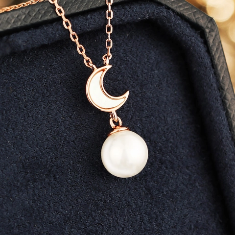 925 Sterling Silver Natural Freshwater Pearl Moon Pendant Necklace For Women Rose Gold Geometric Clavicle Chain Jewelry Gift