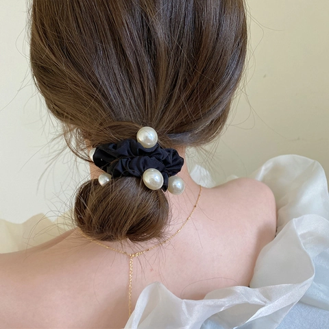 Elegante Scrunchie in Tessuto Con Grandi Perle Artificiali Vintage Fatto a Mano Elastico per Capelli Donna Accessori Capelli