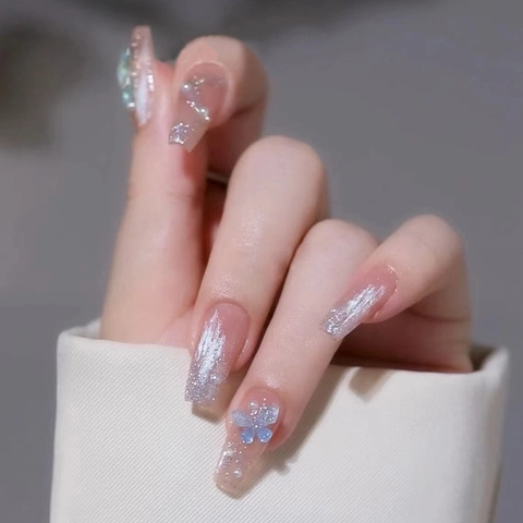 Long Coffin Press On Nails Pink Gradient Ice Translucent 3D Blue Butterfly Artificial Pearls Silver Glitter Fake Nails Art