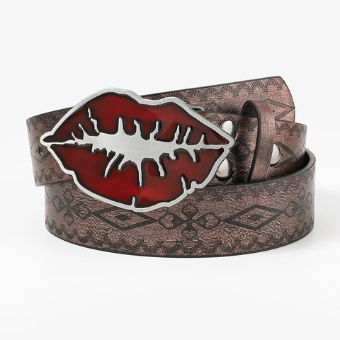 Vintage PU Leather Embossed Belt For Women Fashion Large Buckle Cowboy Boot Bee Red Lip Turquoise Inlaid Punk Waist Strap
