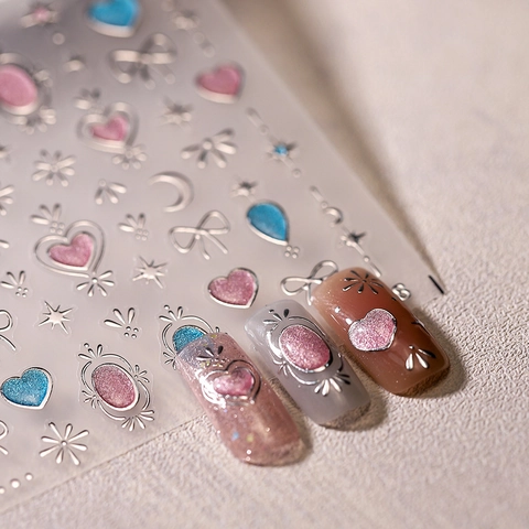 3D Reliëf Nagelstickers Metallic Goud Zilver Foliedruk Vlinder Hart Maan Ster DIY Manicure Decoratie Zoet