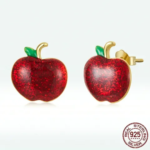 925 Sterling Silver Red Apple Stud Earrings For Women Christmas Fruit Enamel Drip Oil Glitter Gold Plated Minimalist Earring Jewelry