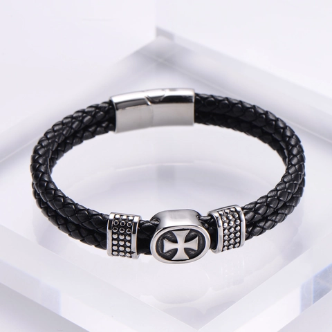 Doppelschichtiges Geflochtenes PU-Lederarmband Mit Magnetverschluss Aus Edelstahl Und Kreuzanhänger Für Herren Punk-Stil