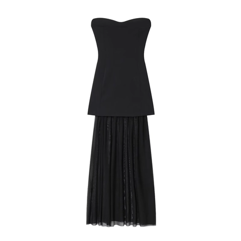 Schwarzes Trägerloses Maxikleid Herz Ausschnitt Mesh Patchwork Elegant Party Schlankheits Passform Für Damen