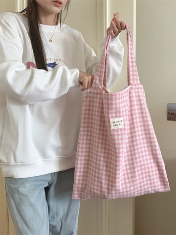 Grande Borsa Tote Tessuto Di Lana Motivo Griglia Borsa A Spalla Doppio Manico Retrò Casual Quotidiana Per Donne