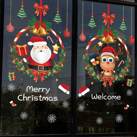 Christmas Window Stickers Static Cling PVC Reusable Double Sided Santa Claus Reindeer 2025 Tree Decor For Glass Door Shop