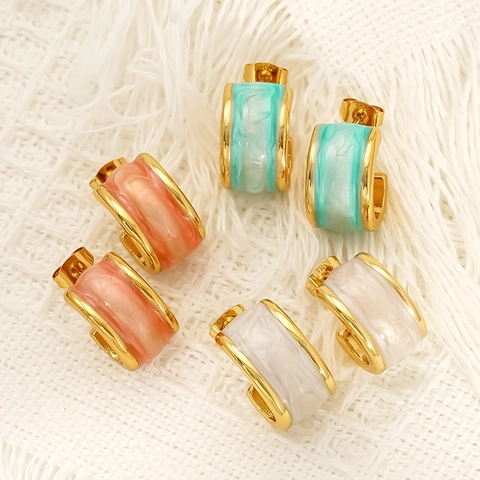 C Shape Hoop Stud Earrings Gold Plated Stainless Steel Enamel Marble Pattern Waterproof Hypoallergenic Jewelry Women