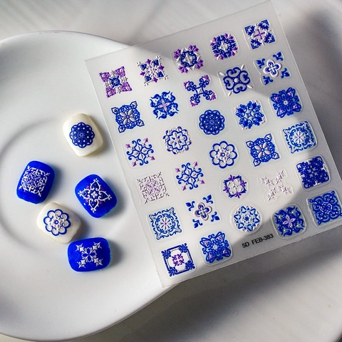 5D Adesivi Unghie Rilievo Stile Porcellana Blu Bohémien Vintage Decorazioni Manicure DIY Accessorio