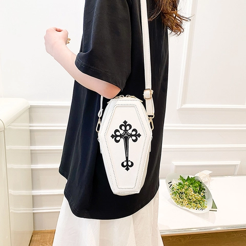 Women Gothic Coffin Crossbody Bag PU Leather Coffin Shape Shoulder Bag Cross Print Punk Purse Halloween Costume Accessory