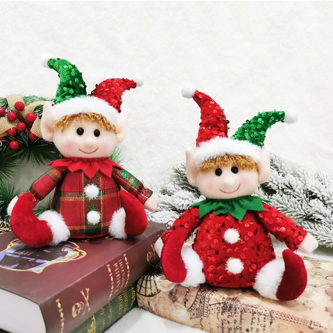 Christmas Elf Doll Plush Sitting Decoration Red Green Sequin Plaid Fabric Ornament Holiday Gift Table Decor