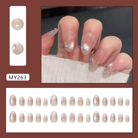 Cat Eye Press On Nagels Met Steentjes Afneembaar ABS Kunststof Zoete Stijl Glinsterende Manicure Voor Vrouwen Elegant
