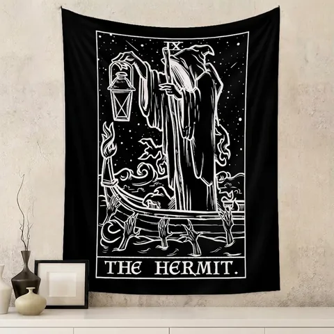 Der Eremit Tarotkarte IX Wandteppich Schwarz Weiß Gotisch Geheimnisvoll Polyester Wandbehang Für Schlafzimmer Wohndeko